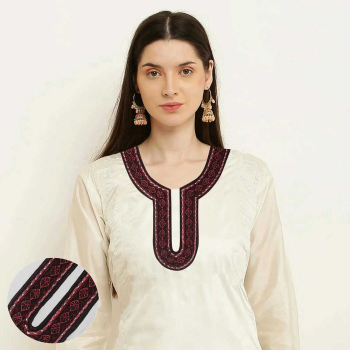 Ornate baroque-inspired embroidery sweetheart neckline yoke adding royal charm to designer ethnic wear on model