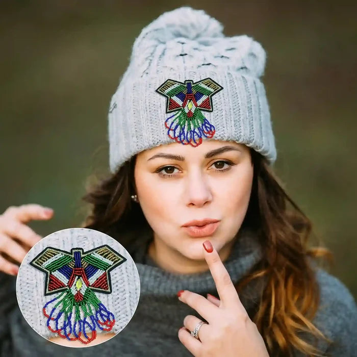 Ani Accessories beaded butterfly sew-on patch styled on hat for trendy accessory detail
