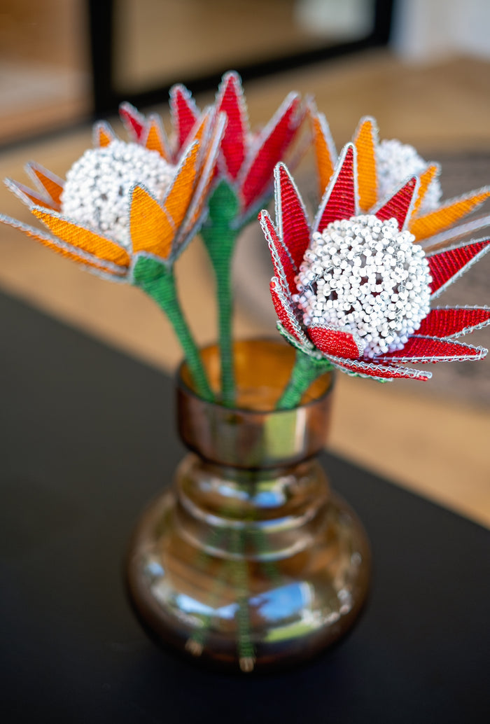 Beaded Protea Flower in Red & Orange