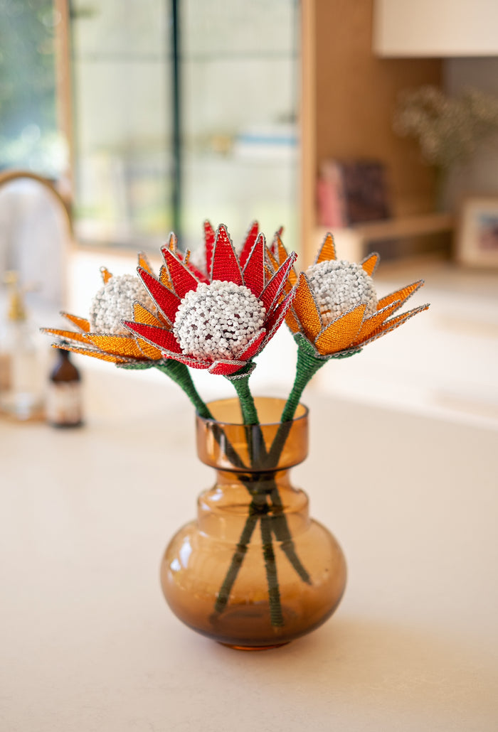 Beaded Protea Flower in Red & Orange