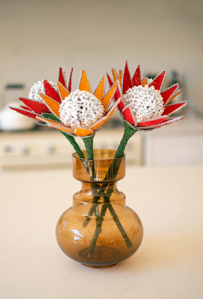 Beaded Protea Flower in Red & Orange