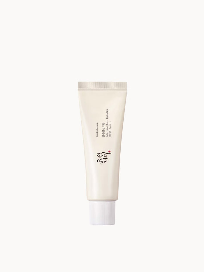 Beauty of Joseon Relief Sun Rice + Probiotics SPF50+ sunscreen in 50ml tube, featuring rice extract and probiotic ingredients.