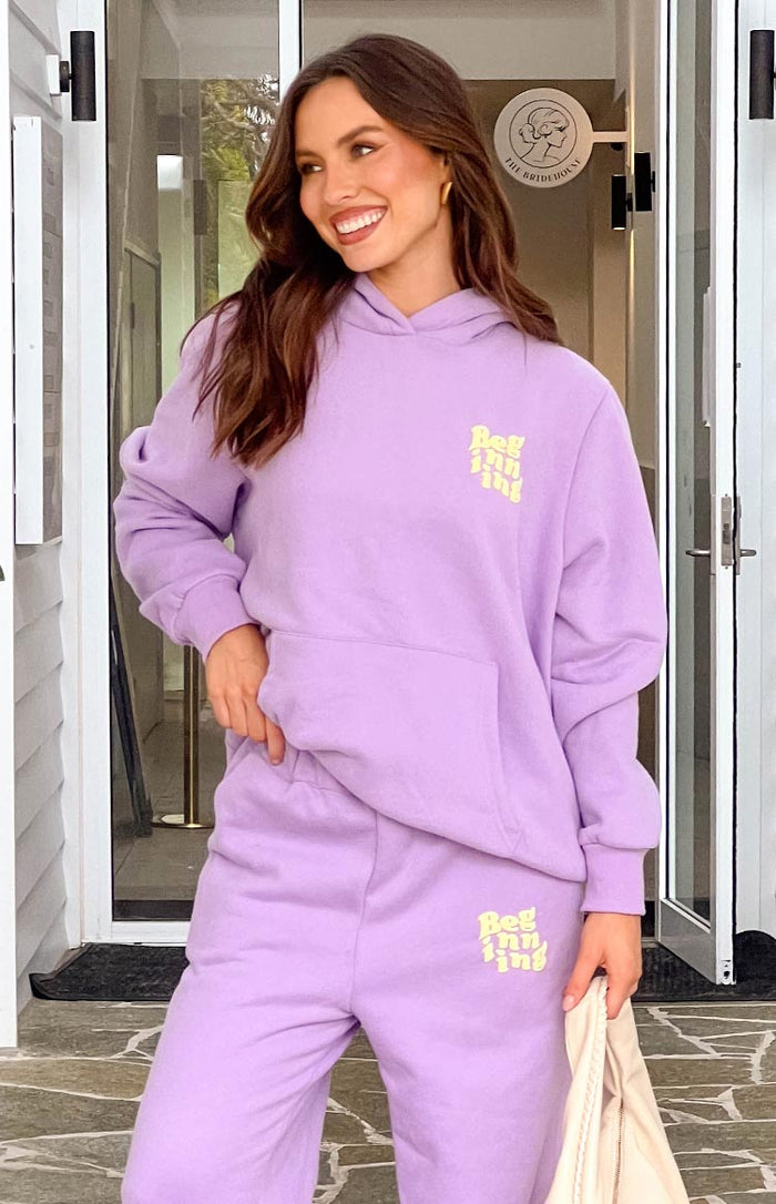 Beginning Boutique Beginning Purple Snuggle Bubble Hoodie lilac oversized hooded sweatshirt with kangaroo pocket and lime green logo