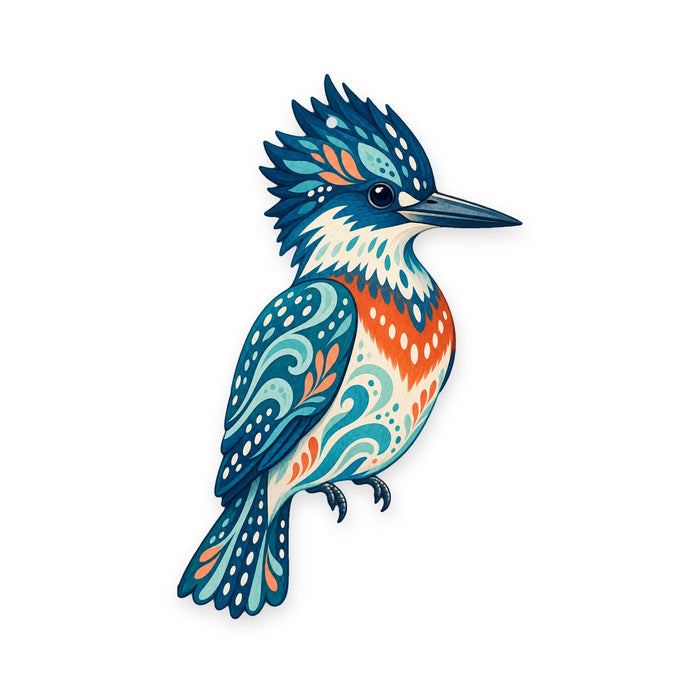 Belted Kingfisher folk art ornament O233 on white, laser-cut maple wood, made in USA
