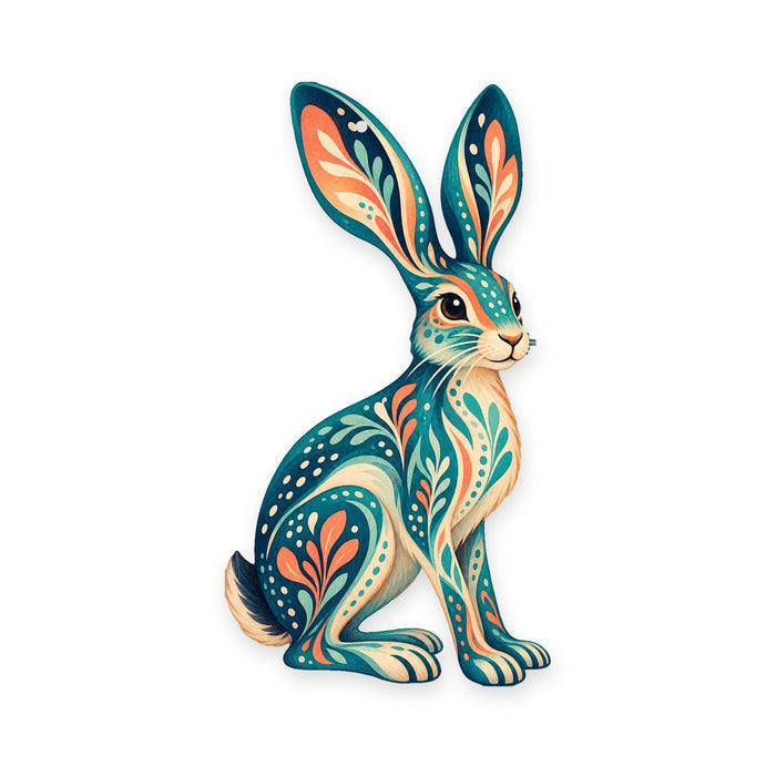 Black-Tailed Jackrabbit folk art ornament O281 on white, laser-cut maple wood, made in USA