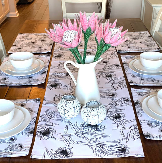 Black & White Protea Table Runner