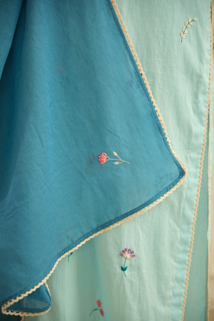Blue Hand Embroidered Cotton Dupatta