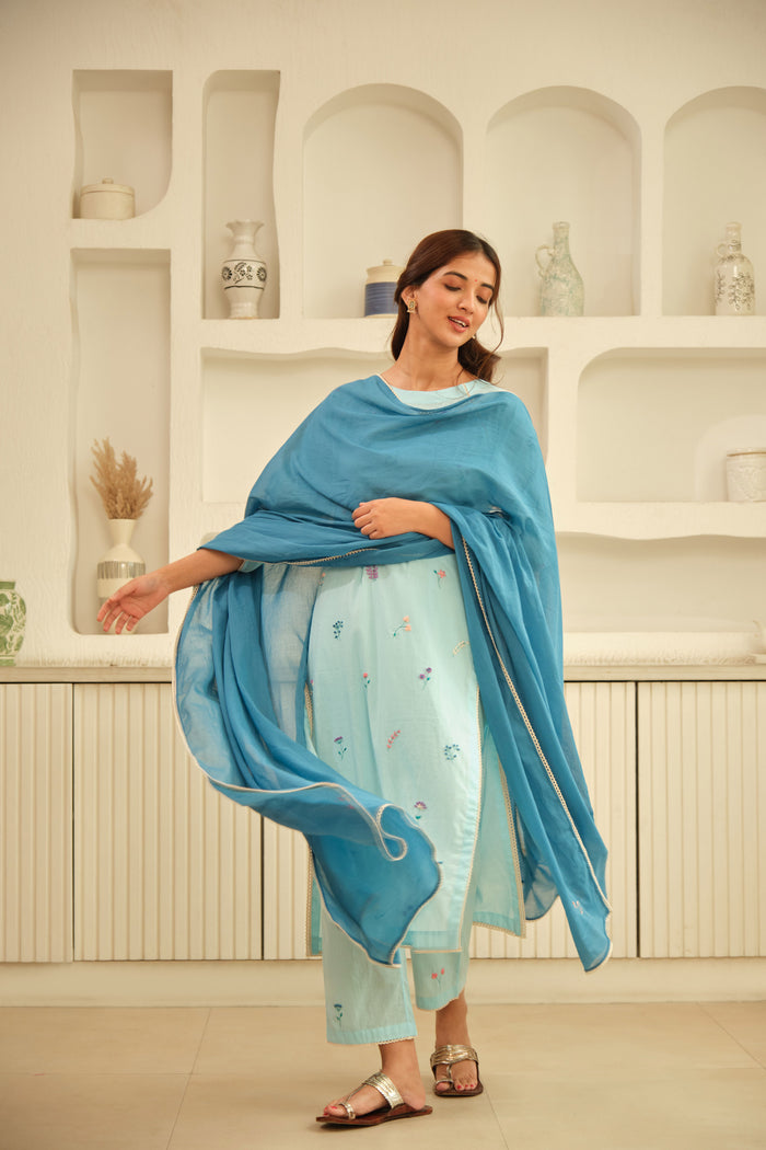 Blue Hand Embroidered Cotton Dupatta