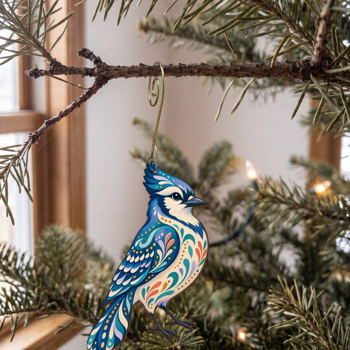 Laser-cut maple wood Blue Jay folk art ornament O303 hanging on a fir branch, made in USA