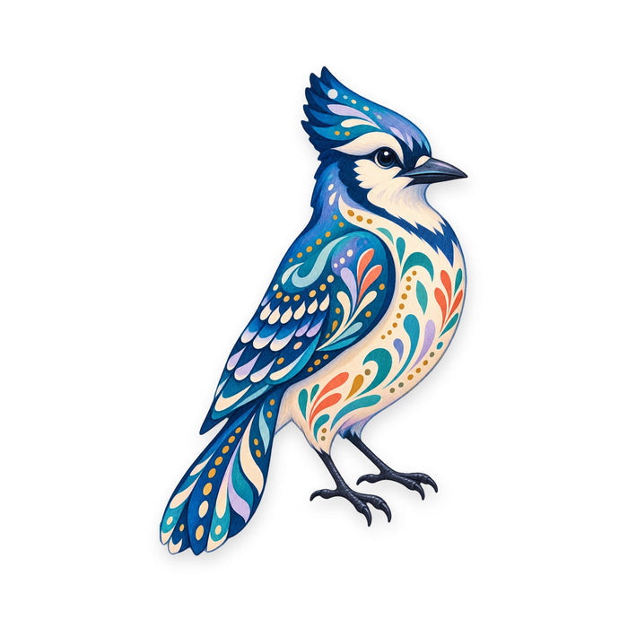 Blue Jay folk art ornament O303 on white, laser-cut maple wood, made in USA