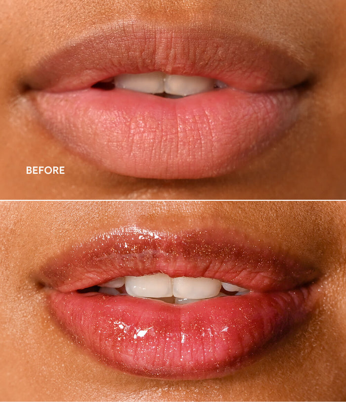 Close-up before-and-after comparison of lips wearing a pink lip product. The top image shows dry, matte pink lips labeled 'BEFORE,' and the bottom image shows glossy, hydrated pink lips.