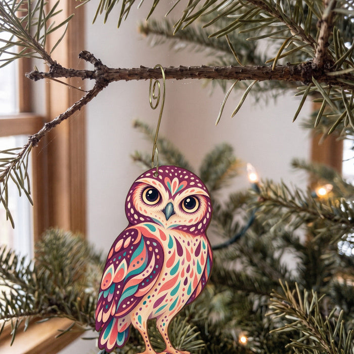 Laser-cut maple wood Burrowing Owl folk art ornament O300 hanging on a fir branch, made in USA