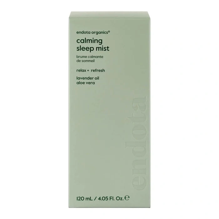 Endota Organics Calming Sleep Mist in a light sage green rectangular box, featuring black text and a subtle vertical brand name on the front.
