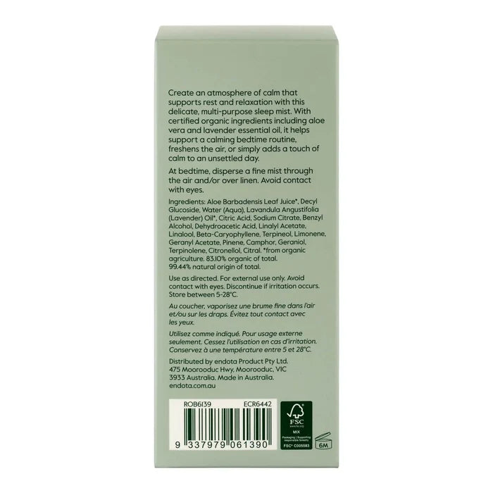 The back of a sage green rectangular box for Endota Calming Sleep Mist, showing detailed product ingredients, usage instructions, a barcode, and recycling symbols on a white background.
