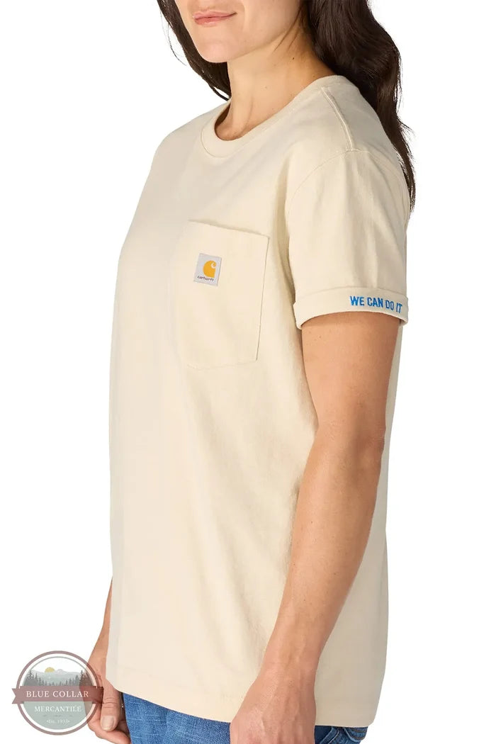 Carhartt 106903 Women's Dearborn Loose Rosie T-Shirt | Loose Fit Heavyweight in oatmilk showing side model with "We Can Do It" on sleeve