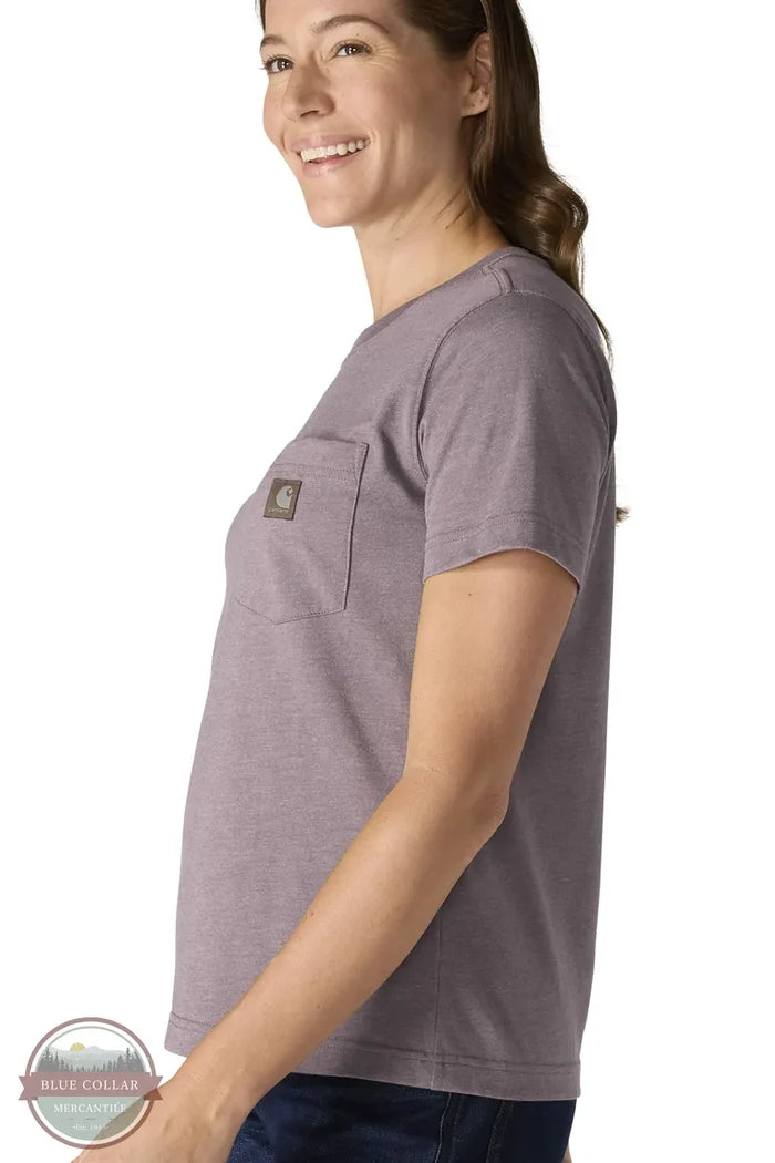 Carhartt 107391 Women's Irvine Relaxed T-Shirt in purple side view on model