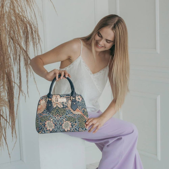CONV-STBL | William Morris Strawberry Thief Blue Convertible Top Handle Purse Handbag