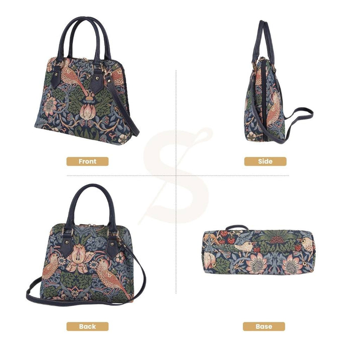CONV-STBL | William Morris Strawberry Thief Blue Convertible Top Handle Purse Handbag
