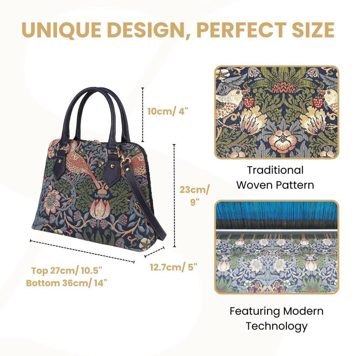 CONV-STBL | William Morris Strawberry Thief Blue Convertible Top Handle Purse Handbag