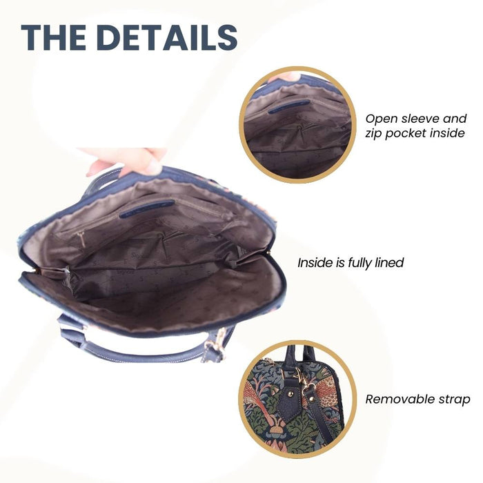 CONV-STBL | William Morris Strawberry Thief Blue Convertible Top Handle Purse Handbag