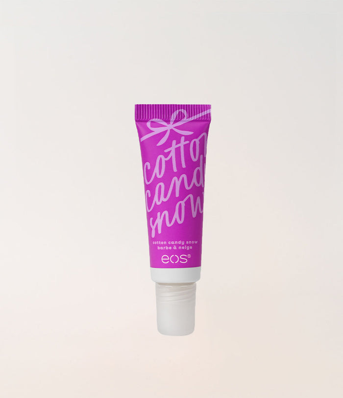 A squeeze tube of EOS Cotton Candy Mint lip balm, featuring a bright magenta purple tube with white text and a white cap, centered against a light off-white background.
