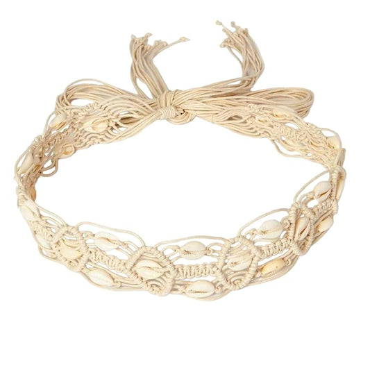 Ani Accessories Womens Belt Natural beige macrame belt with intricate shell pattern. Knotted top, tie ends visible. Ideal for beach or bohemian style.