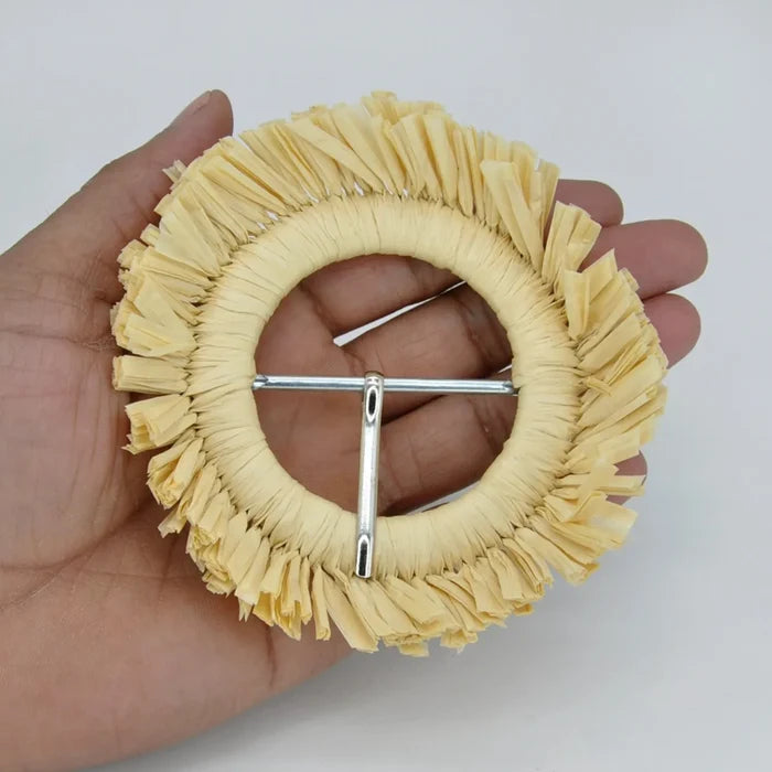 Ani Accessories cream fringed raffia round buckle 4.1 inch straw woven buckle for belts bags DIY craft decor