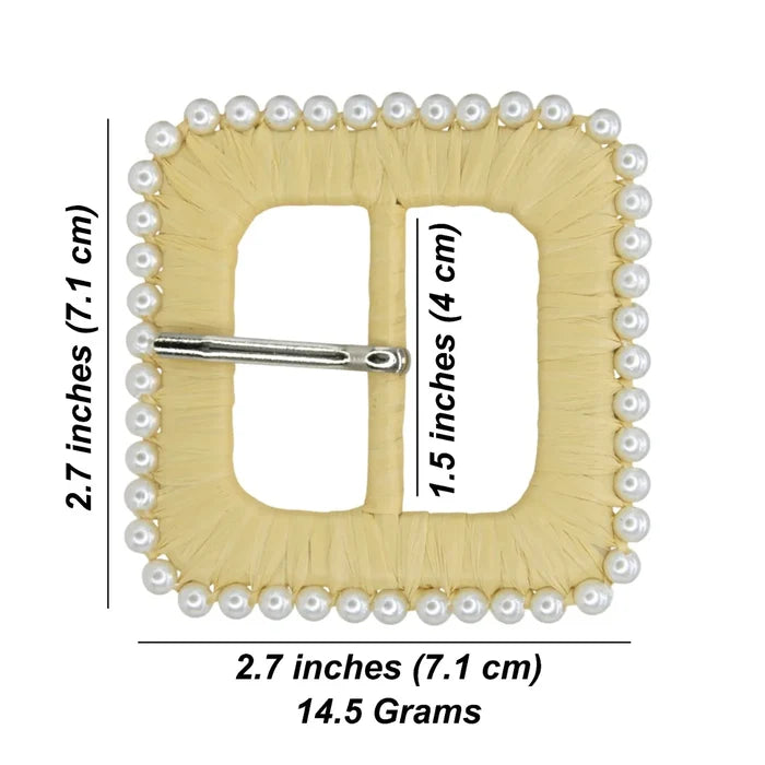 Cream Raffia Square Buckle with Pearl Border | 2.7 inches (7.1cm)