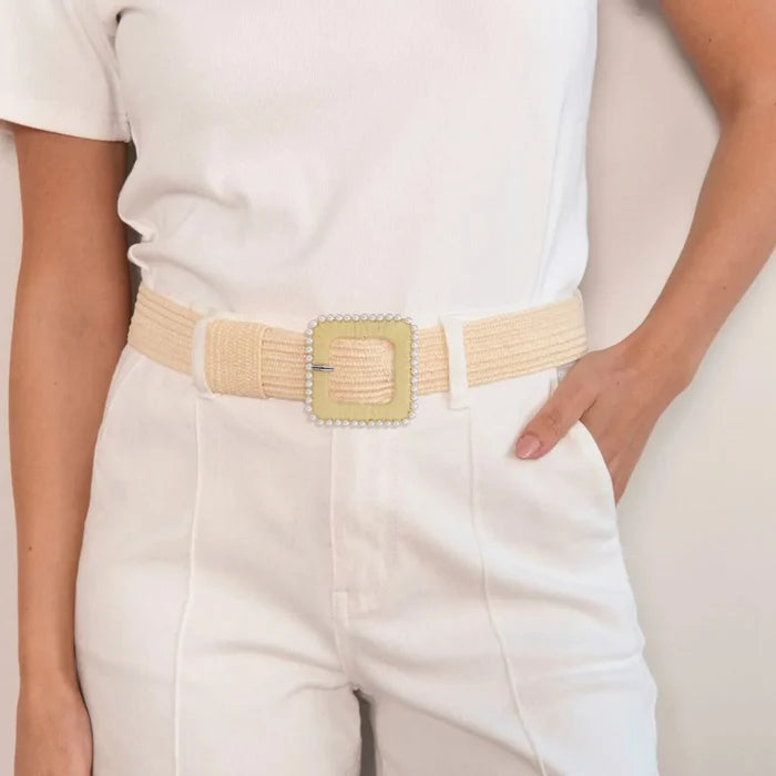 Cream Raffia Square Buckle with Pearl Border | 2.7 inches (7.1cm)