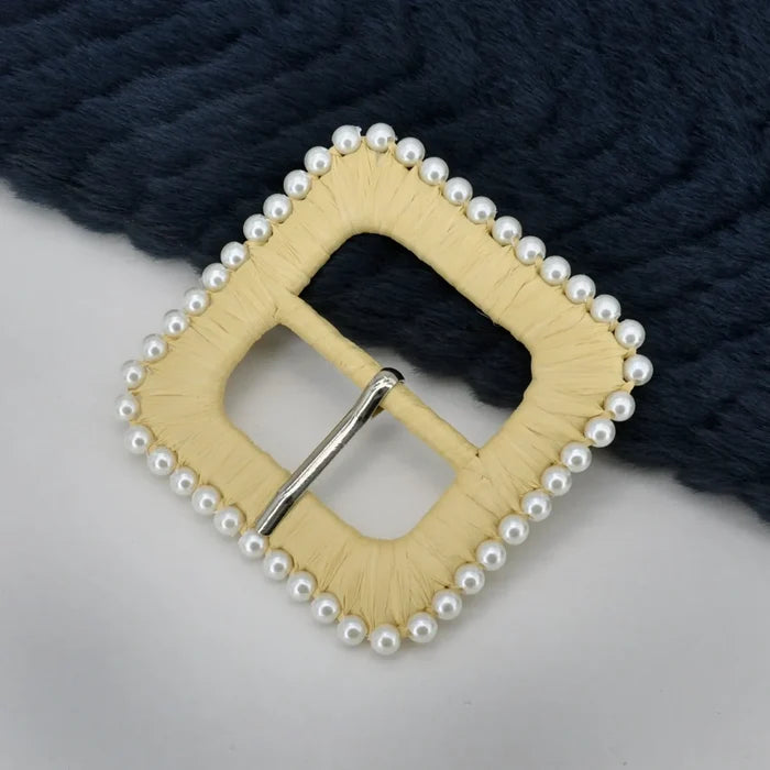 Cream Raffia Square Buckle with Pearl Border | 2.7 inches (7.1cm)
