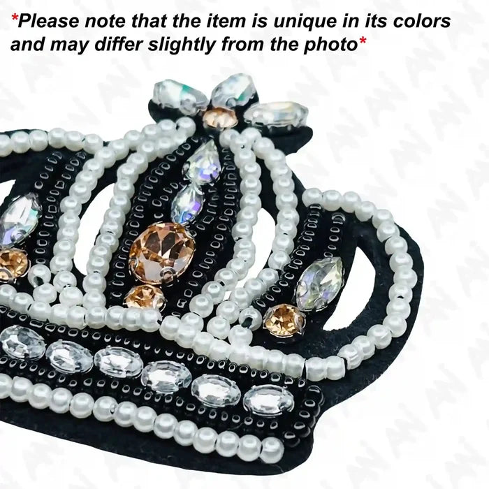 Beaded Crown patch by Ani Accessories in infographic, showing size, bead details, and design for jackets, bags, and DIY projects