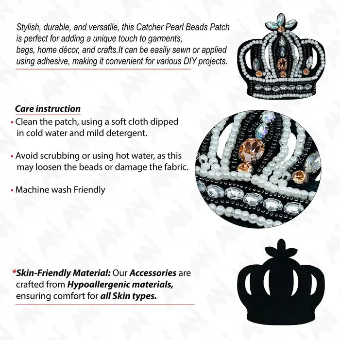 Ani Accessories Beaded Crown patch displayed in infographic layout, highlighting intricate beadwork, shape, and decorative details