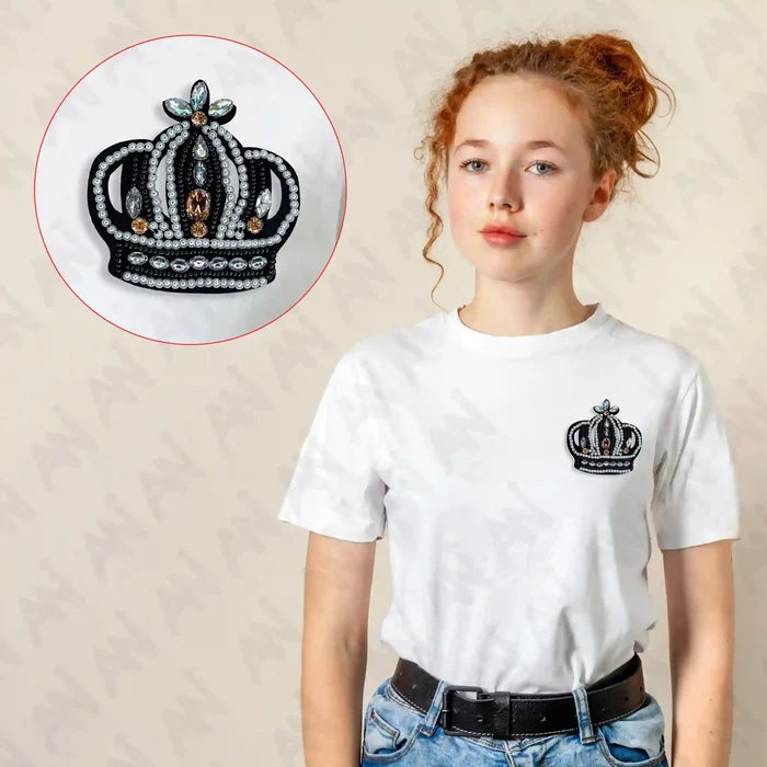 Ani Accessories Beaded Crown patch showcased on model, intricate bead design patch for jackets, bags, and apparel styling