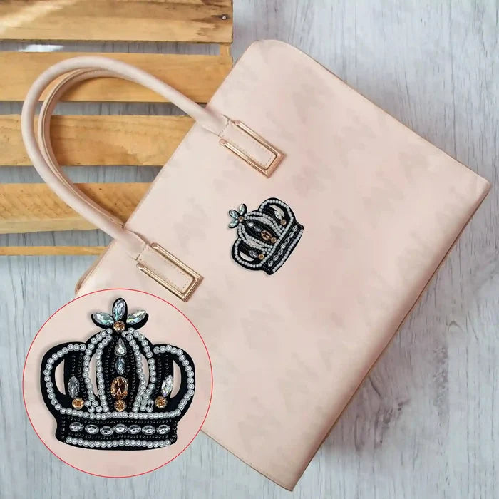 Ani Accessories Beaded Crown patch styled on bag, decorative bead design patch for fashion and DIY customization