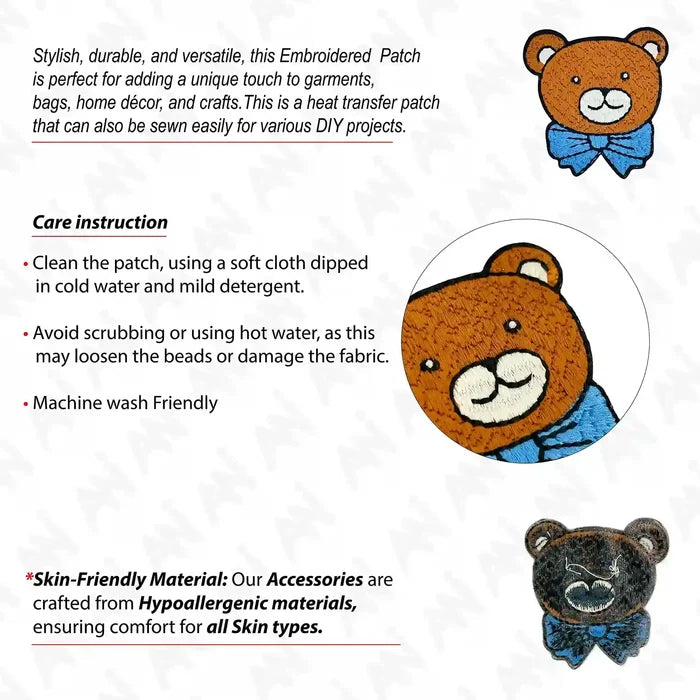 Ani Accessories cuddly bear patch infographic highlighting design features, size reference, and usage details