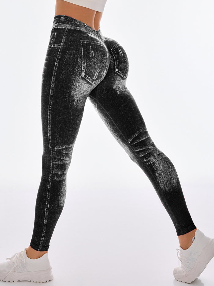 Deep V Back Denim Scrunch Bum Leggings