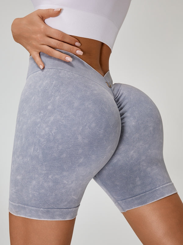 Deep V Back Faux Denim Scrunch Bum Spandex Gym Booty Shorts