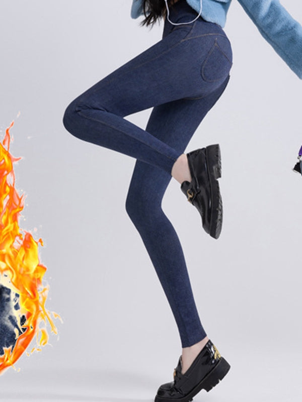 Denim Fleece Pocket Elastic Tight Leggings