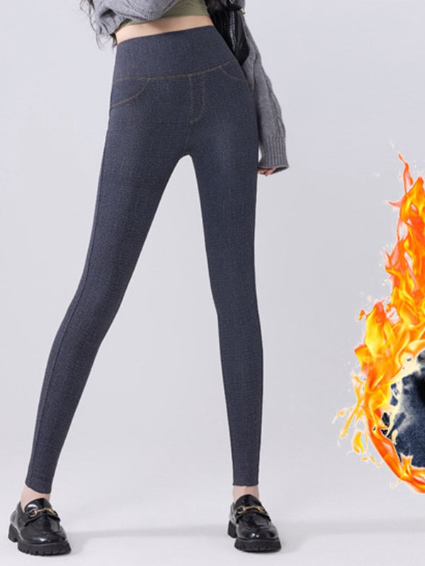 Denim Fleece Pocket Elastic Tight Leggings
