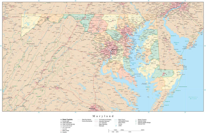 Detailed Maryland Digital Map with Counties, Cities, Highways, Railroads, Airports, and more