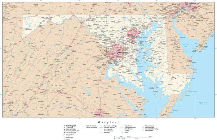 Detailed Maryland Digital Map with County Boundaries, Cities, Highways, and more