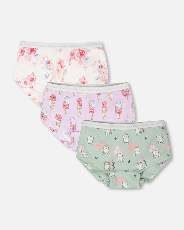 Deux Par Deux 3 Pack Boyshort Panty - Printed Kittens