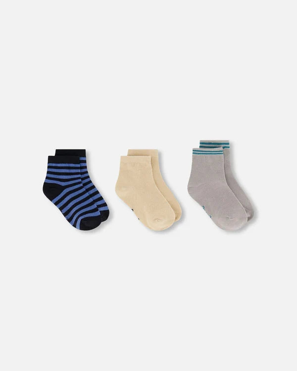 Deux Par Deux 3 Pack Socks - Blue and Black Stripes