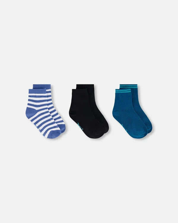 Deux Par Deux 3 Pack Socks - Blue White Stripes