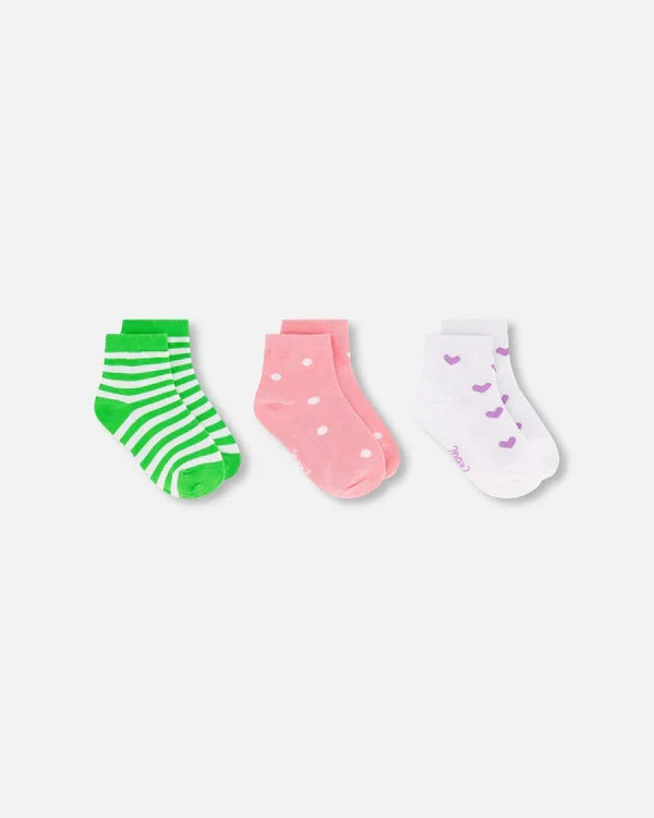 Deux Par Deux 3 Pack Socks - Green White Stripes