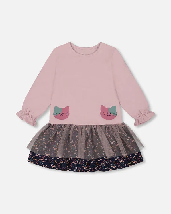 Deux Par Deux Bi-Material Dress - Dawn/Dusty Pink Cat