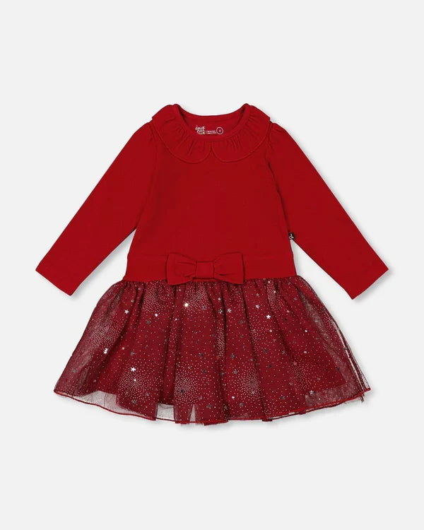 Deux Par Deux Bi-Material Dress with Glitter Skirt - Jester Red