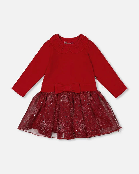 Deux Par Deux Bi-Material Dress with Glitter Skirt - Jester Red