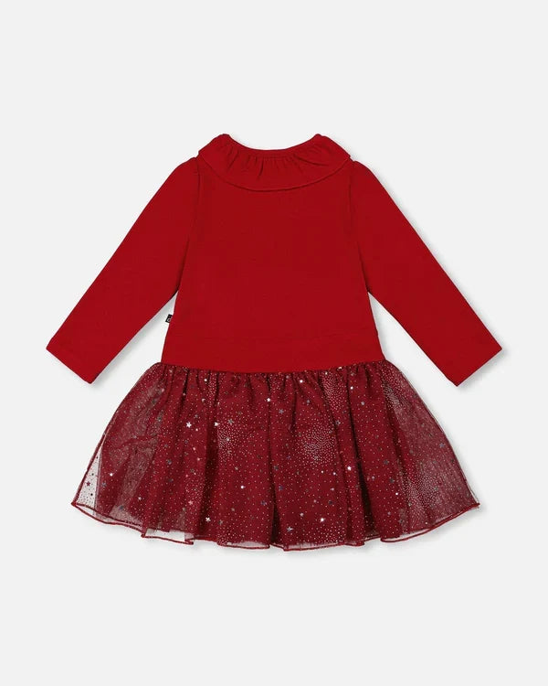 Deux Par Deux Bi-Material Dress with Glitter Skirt - Jester Red