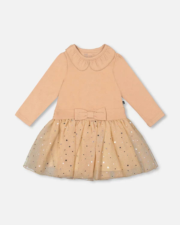 Deux Par Deux Bi-Material Dress with Glitter Skirt - Sesame/Beige
